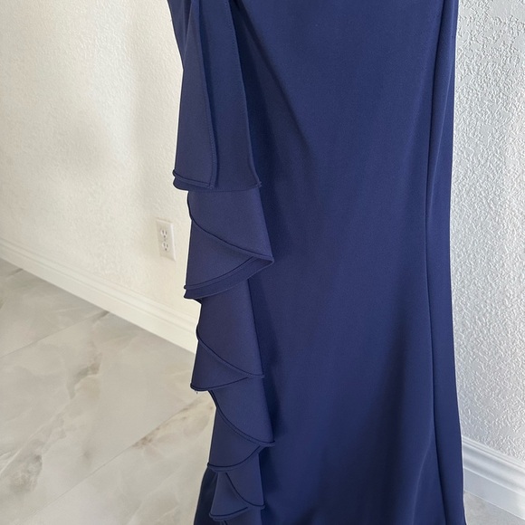 Betsy & Adam Navy Blue Off-Shoulder Ruffle Back Mermaid Gown - Picture 5 of 8